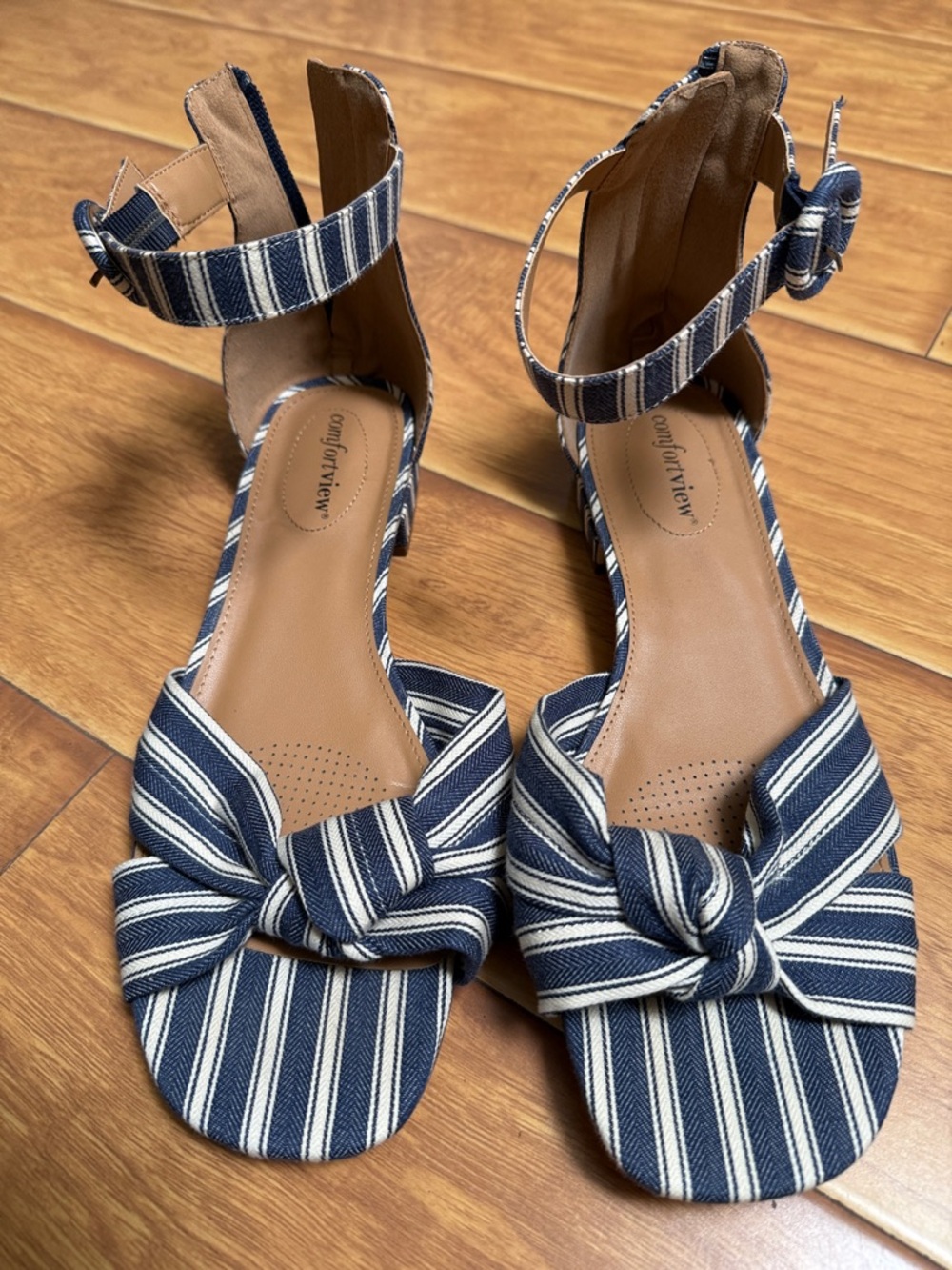 comfortview Navy and White Striped Knot Ankle-Strap Sandals